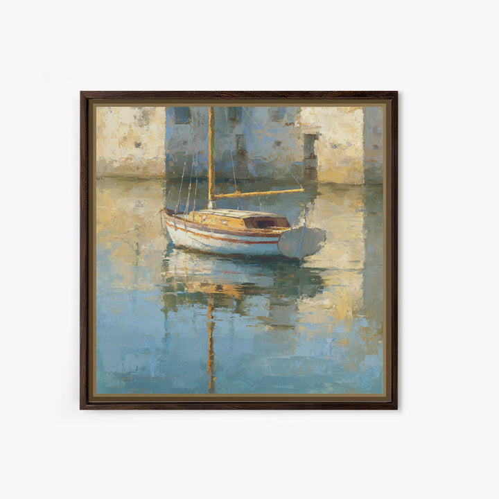 Mediterranean Sailboat on Glassy Water Canvas Print, Mediterranean Art, Watercolor Painting, Living Room Decor, Fine Art, Azure, MAR-1x1-18