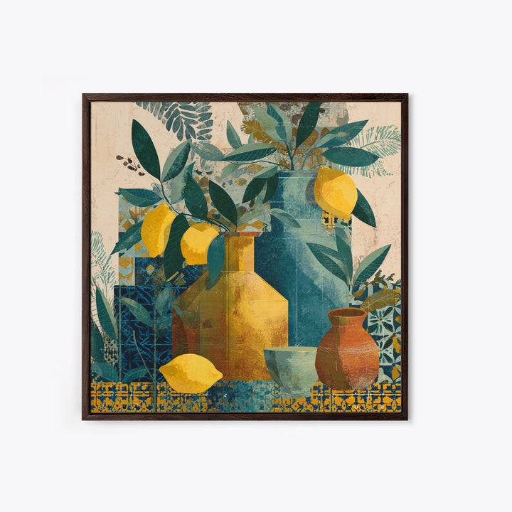 Olive Branch and Lemons on Terracotta Ground Canvas Print, Mediterranean Art, Minimalist Wall Art, Living Room Decor, Azure, MAR-1x1-26
