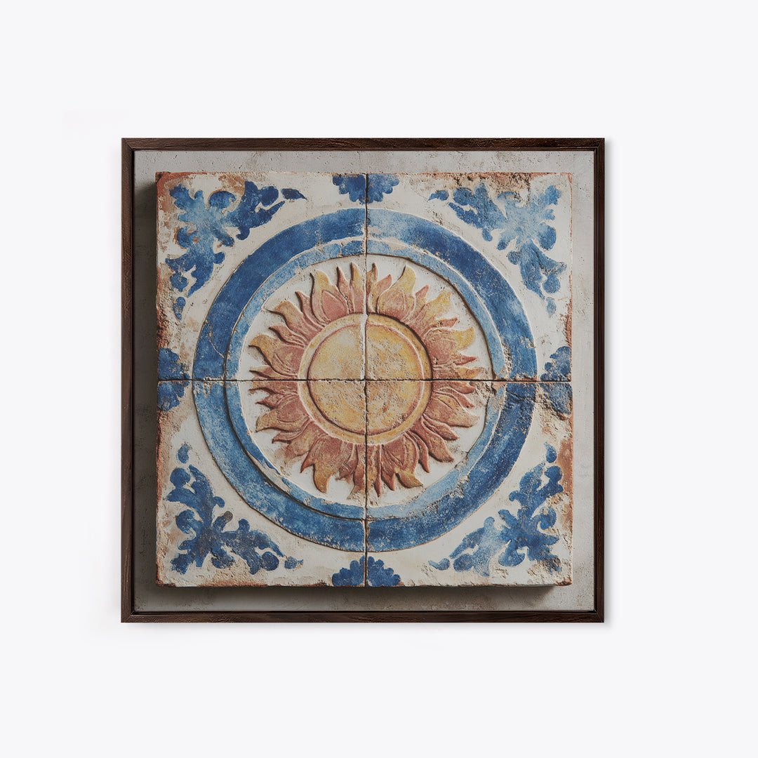 Blue and White Tile Pattern Framed Canvas Print, Mediterranean Art, Digital Print, Living Room Decor, Oil Painting, Azure, MAR-1x1-28