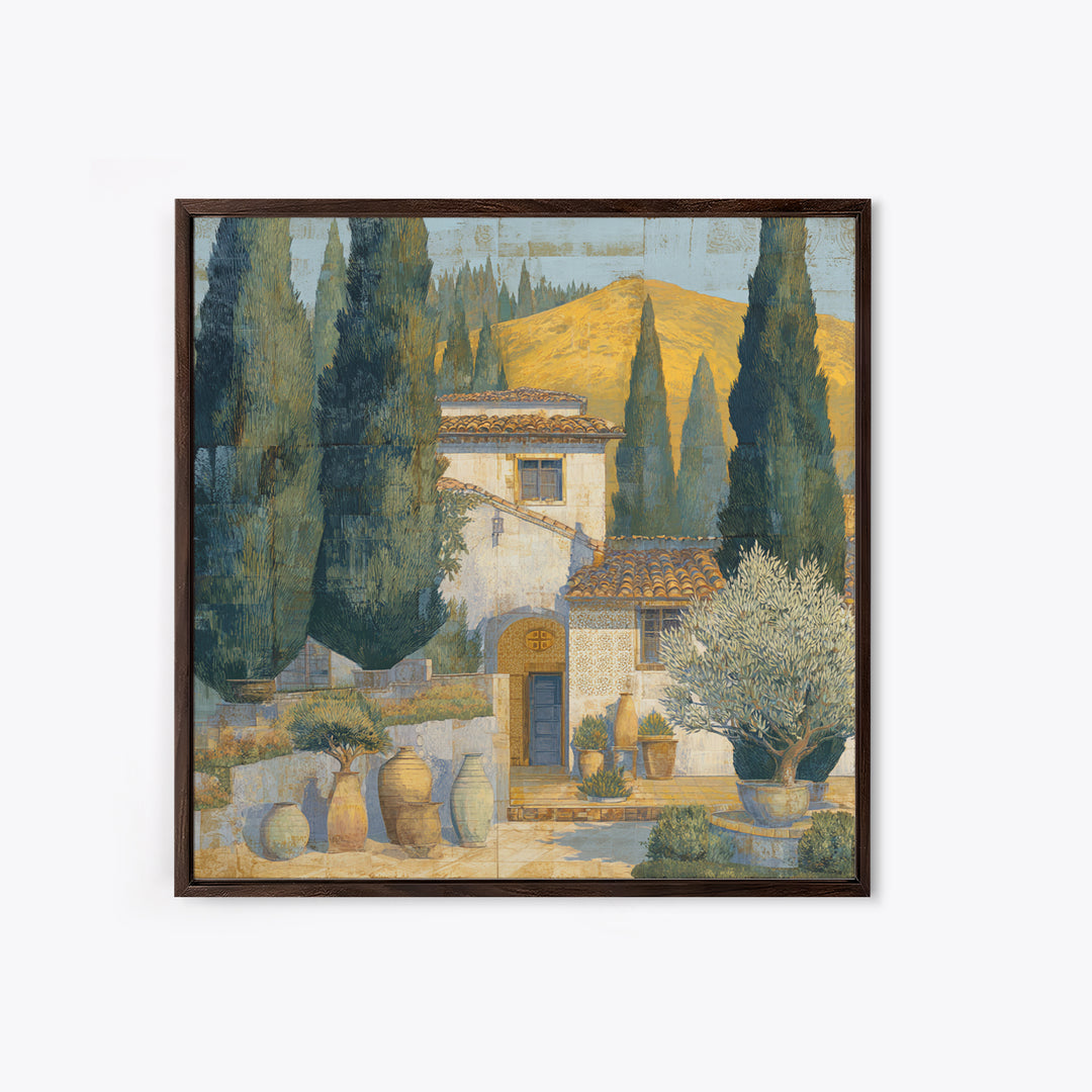 Tuscan Cypress Trees and Golden Hillside Canvas Print, Mediterranean Art, Beach Wall Art, Living Room Decor, Oil Painting, MAR-1x1-30