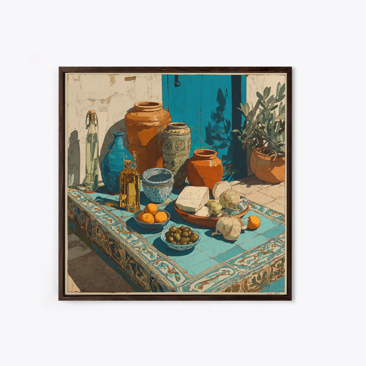Figs Olives and Cheese Still Life Framed Canvas Print, Mediterranean Art, Gallery Decor, Living Room Decor, Fine Art, Azure, MAR-1x1-32
