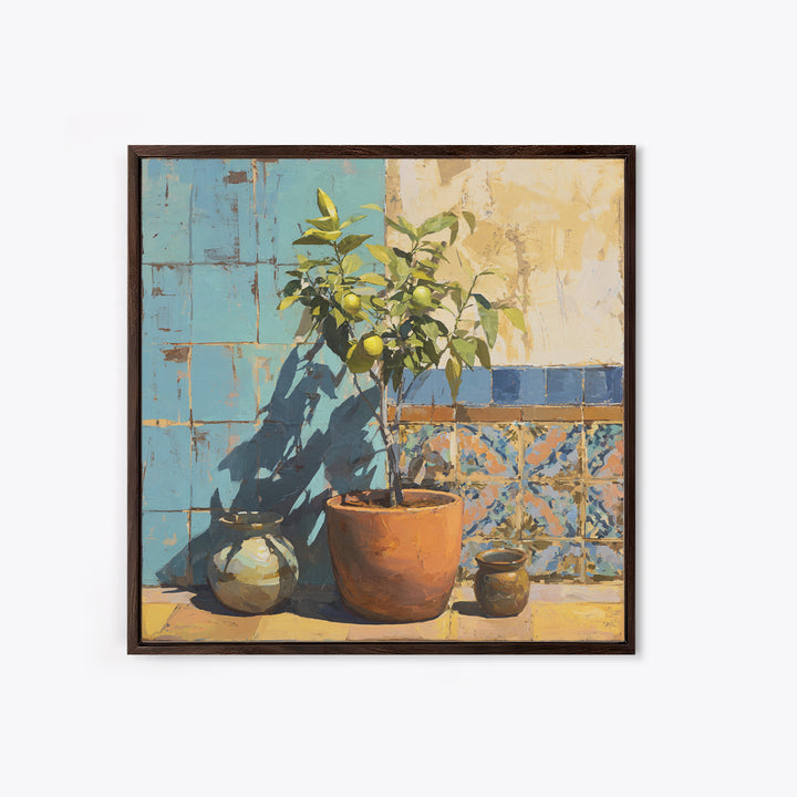 Citrus Tree in Clay Pot Framed Canvas Print, Mediterranean Art, Landscape Painting, Living Room Decor, Watercolor Art, Azure, MAR-1x1-34
