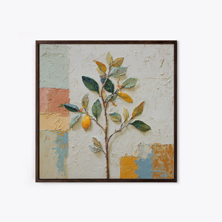 Sicilian Lemon Branch on Ivory Background Framed Canvas Print, Mediterranean Art, Gallery Wall Art, Living Room Decor, Azure, MAR-1x1-37