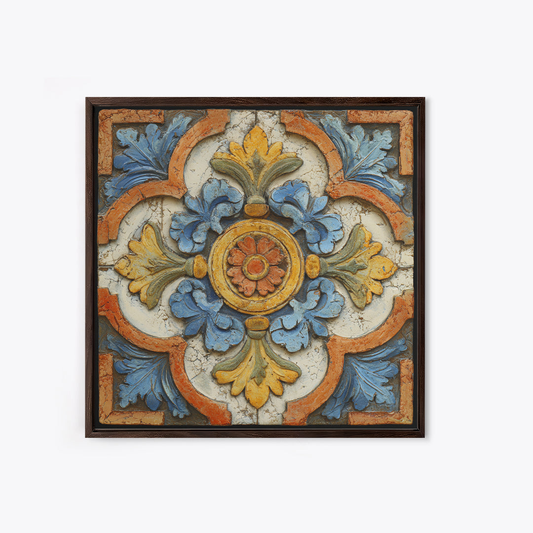 Spanish Tile Ornament Framed Canvas Print, Mediterranean Art, Luxury Decor, Living Room Decor, Fine Art, Azure, Framed Wall Art, MAR-1x1-40