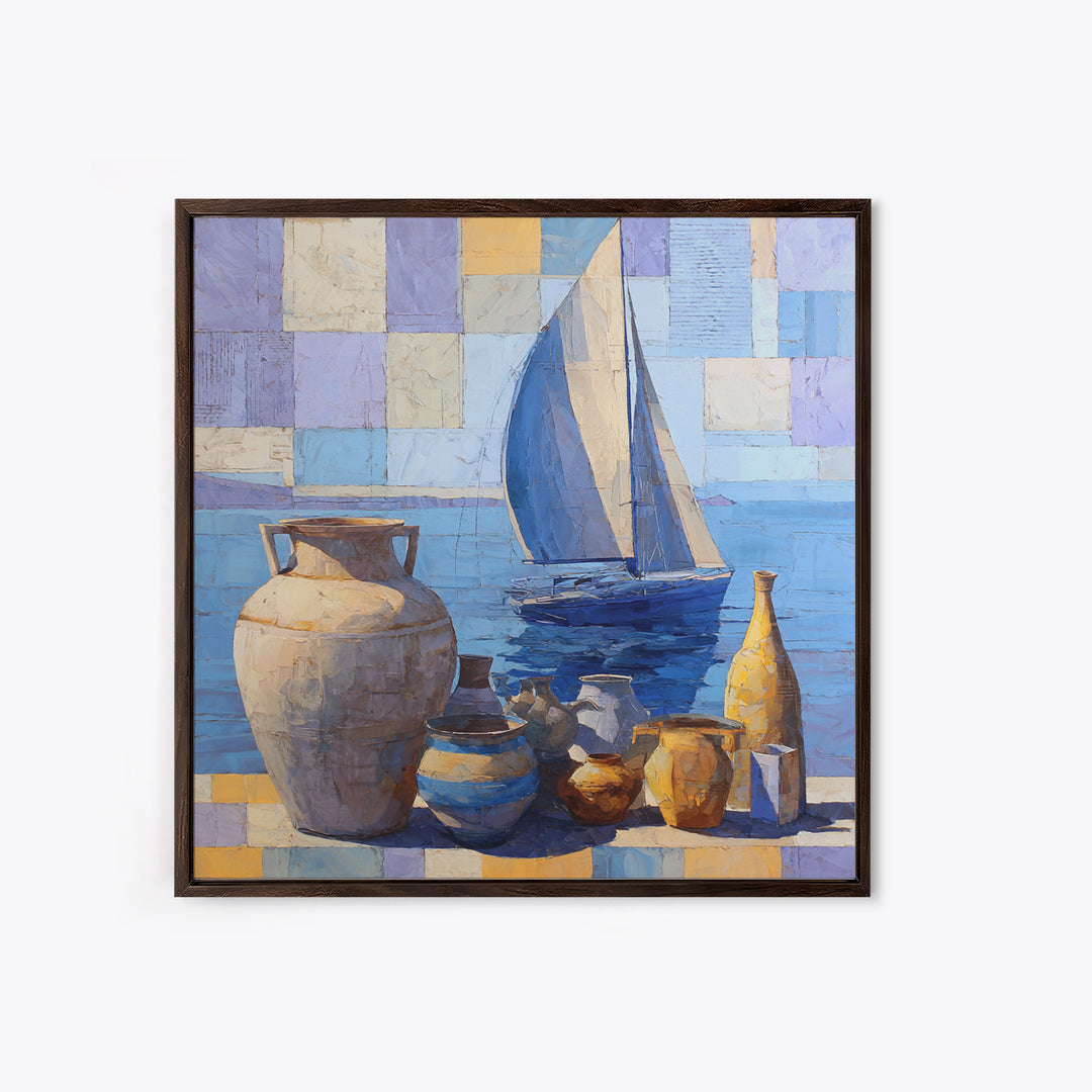 Mediterranean Sailboat on Glassy Water Framed Canvas Print, Mediterranean Art, Watercolor Art, Living Room Decor, Abstract Art, MAR-1x1-42