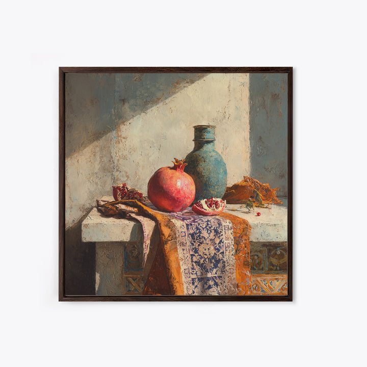 Pomegranate Still Life Framed Canvas Print, Mediterranean Art, Digital Art Prints, Living Room Decor, Oil Painting, Azure, MAR-1x1-43
