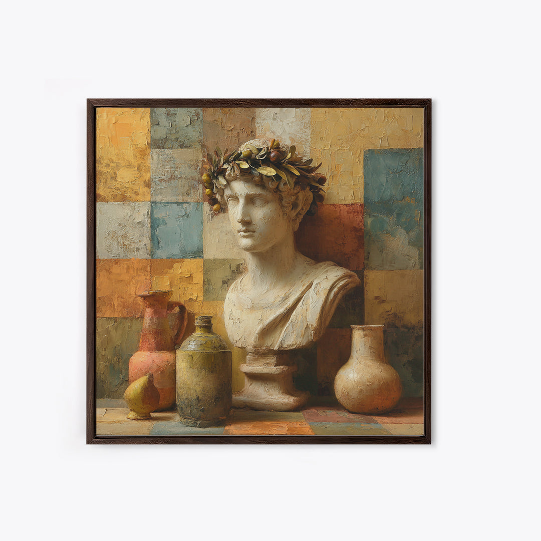 Roman Statue Bust Framed Canvas Print, Mediterranean Art, Coastal Decor, Living Room Decor, Fine Art, Azure, Wall Decor, MAR-1x1-46