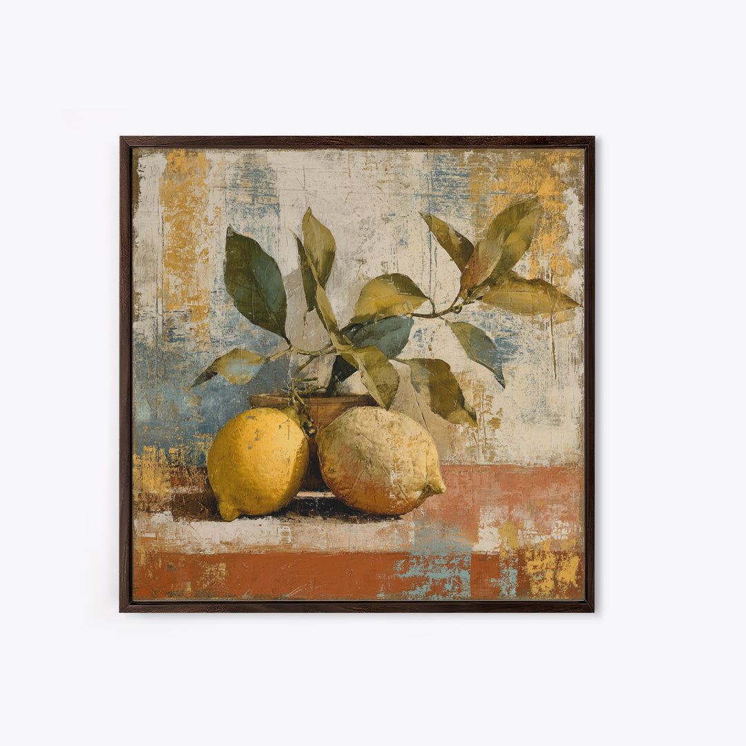 Olive Branch and Lemons on Terracotta Ground Canvas Print, Mediterranean Art, Minimalist Wall Art, Living Room Decor, Azure, MAR-1x1-50