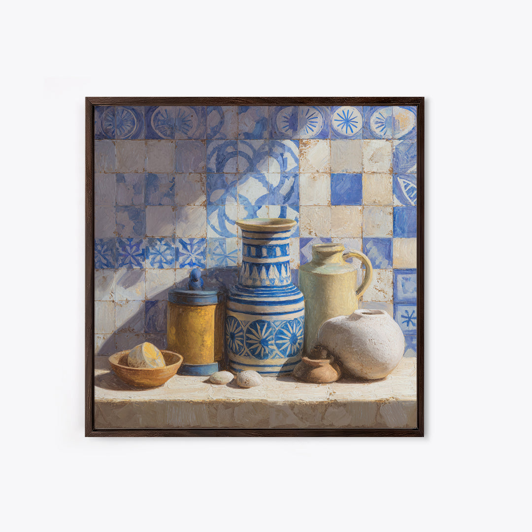 Blue and White Tile Pattern Framed Canvas Print, Mediterranean Art, Watercolor Art, Living Room Decor, Fine Art, Azure, MAR-1x1-52