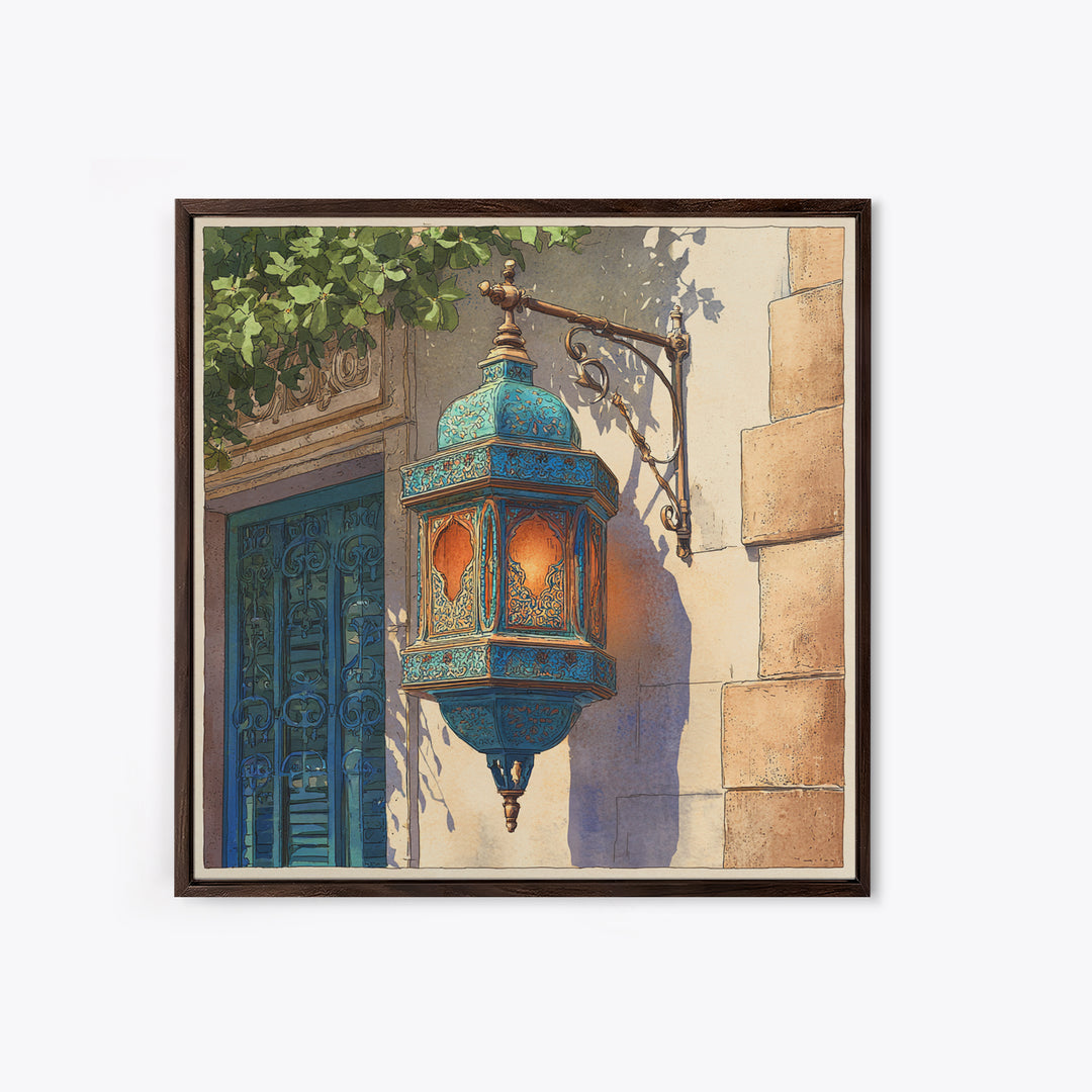 Moroccan Influenced Lantern Framed Canvas Print, Mediterranean Art, Living Room Art, Living Room Decor, Abstract Art, Azure, MAR-1x1-57