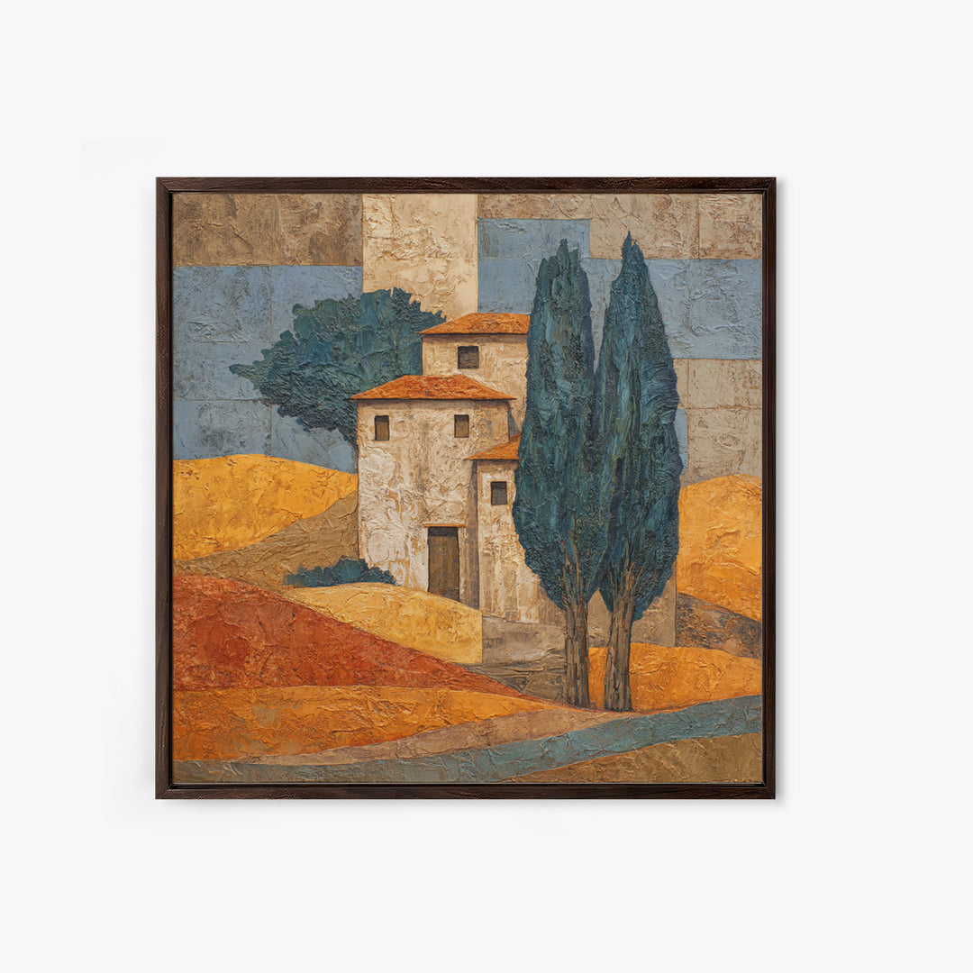 Tuscan Cypress Trees and Golden Hillside Canvas Print, Mediterranean Art, Nautical Decor, Living Room Decor, Azure, MAR-1x1-6