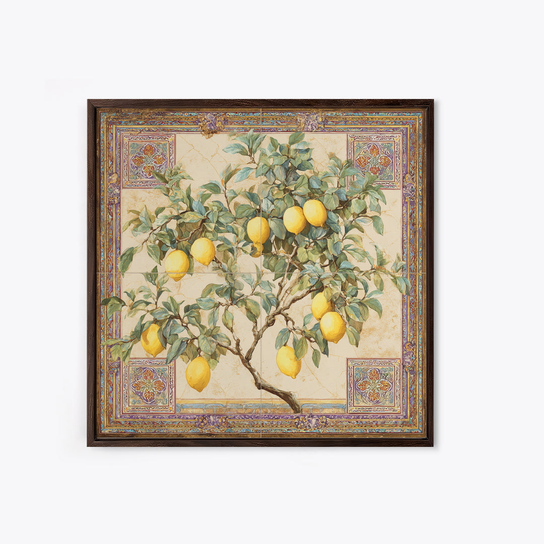 Sicilian Lemon Branch on Ivory Background Framed Canvas Print, Mediterranean Art, Gallery Wall Art, Living Room Decor, Azure, MAR-1x1-61