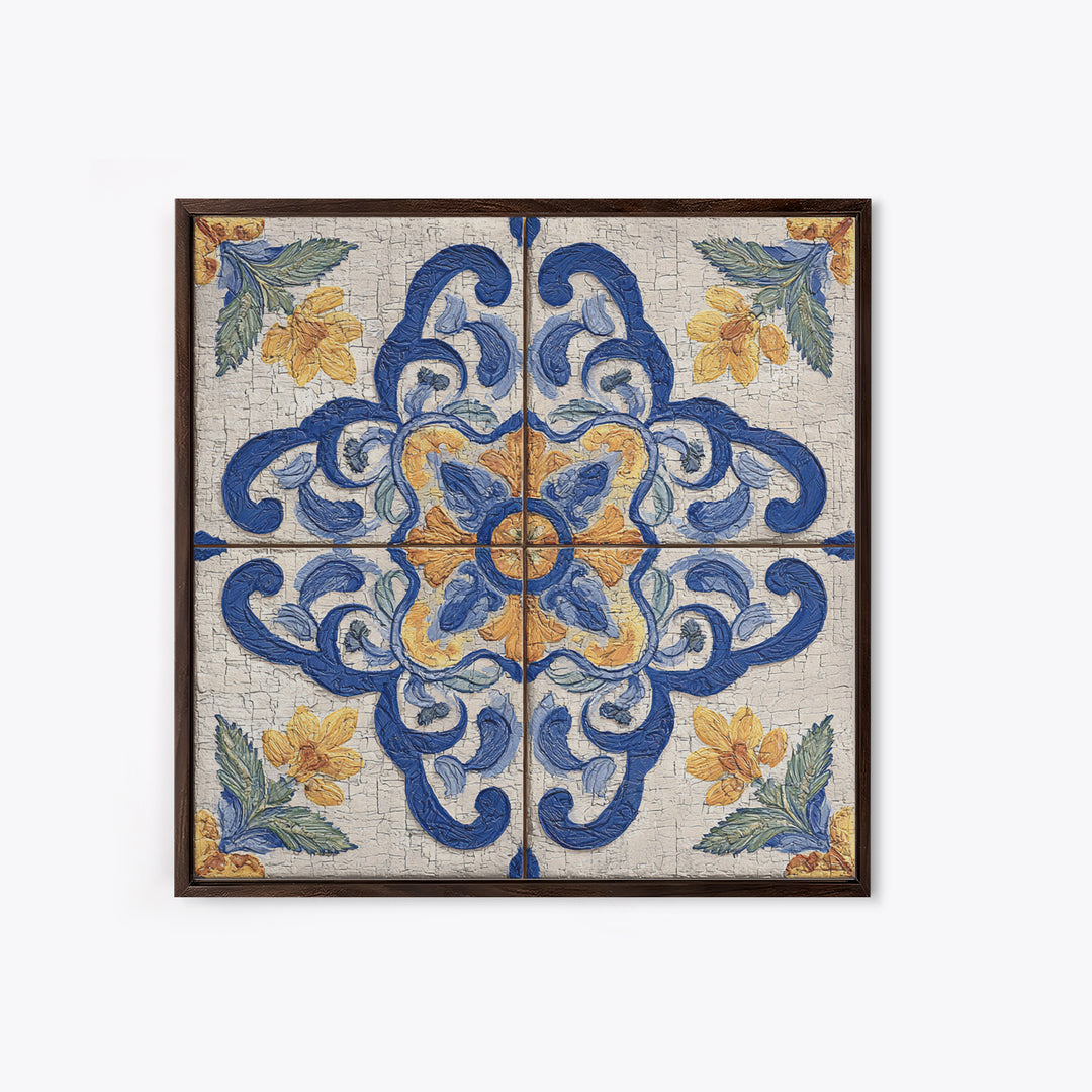 Spanish Tile Ornament Framed Canvas Print, Mediterranean Art, Coastal Wall Art, Living Room Decor, Azure, Living Room Art, MAR-1x1-64
