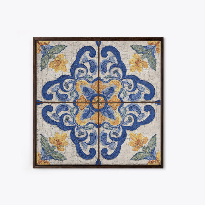 Spanish Tile Ornament Framed Canvas Print, Mediterranean Art, Coastal Wall Art, Living Room Decor, Azure, Living Room Art, MAR-1x1-64