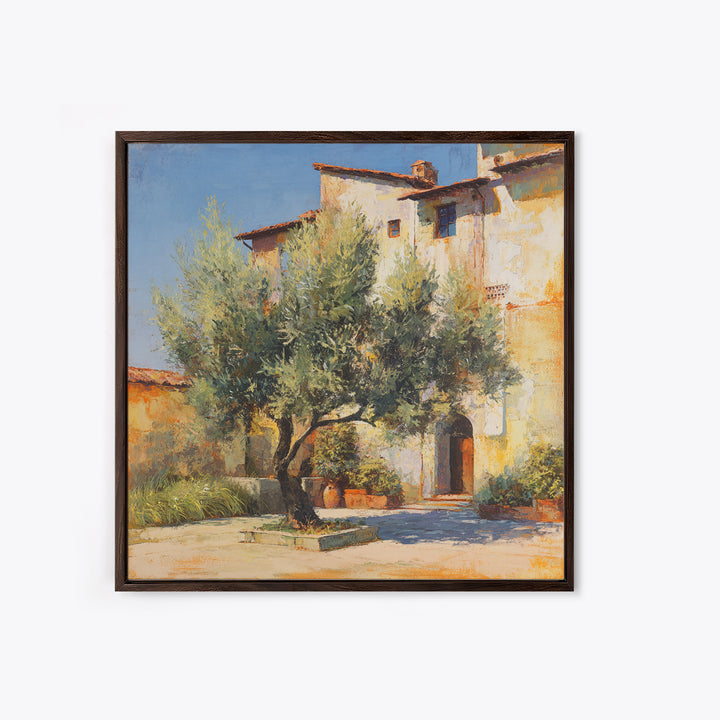 Olive Grove under Pale Morning Light Framed Canvas Print, Mediterranean Art, Landscape Wall Art, Living Room Decor, Azure, MAR-1x1-65