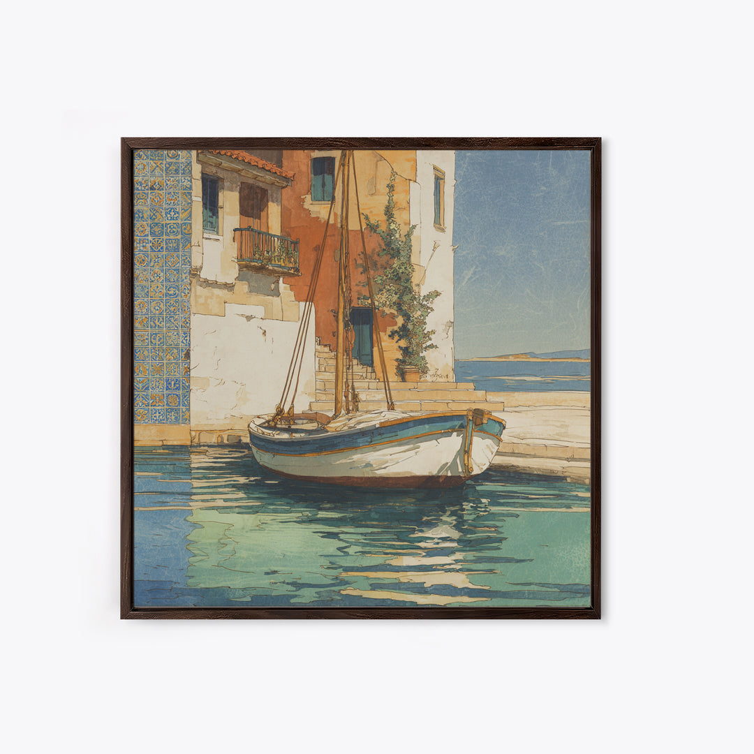 Mediterranean Sailboat on Glassy Water Framed Canvas Print, Mediterranean Art, Watercolor Art, Living Room Decor, Abstract Art, MAR-1x1-66