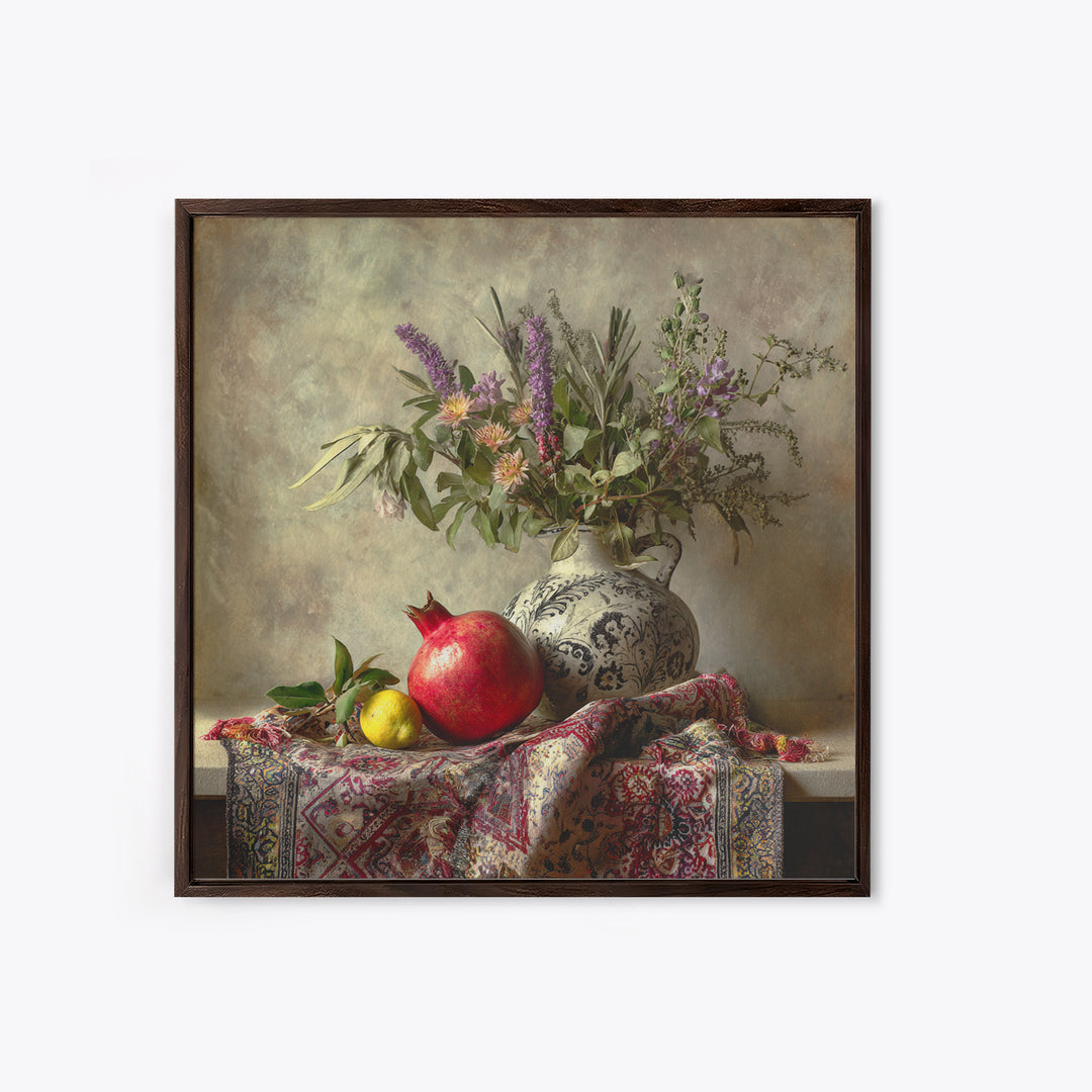 Pomegranate Still Life Framed Canvas Print, Mediterranean Art, Living Room Art, Living Room Decor, Fine Art, Azure, MAR-1x1-67