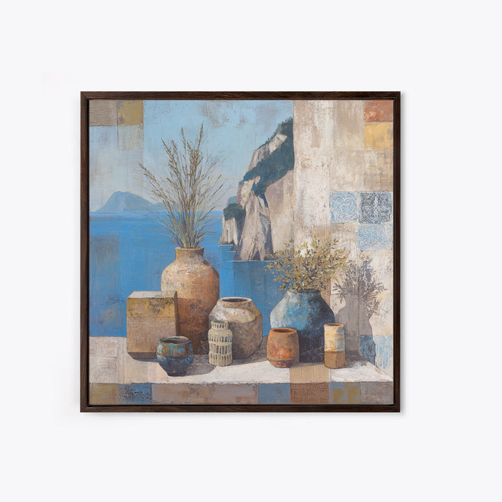 Coastal Cliffs with Sparkling Blue Water Framed Canvas Print, Mediterranean Art, Landscape Painting, Living Room Decor, Azure, MAR-1x1-68