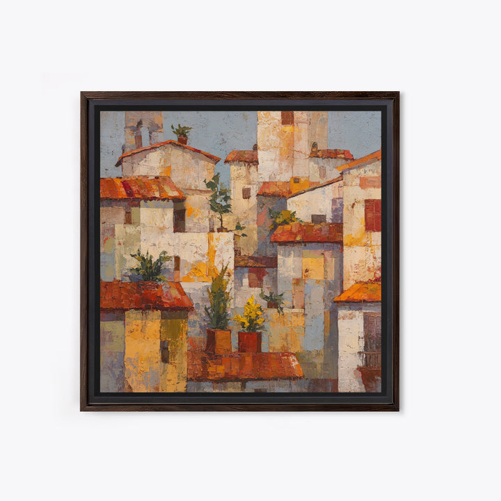 Sunset over Red Tiled Rooftops Framed Canvas Print, Mediterranean Art, Gallery Wall Art, Living Room Decor, Fine Art, Azure, MAR-1x1-71