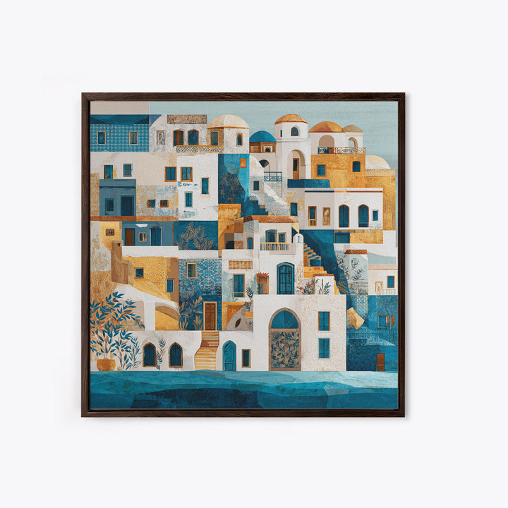 Greek Island White Buildings Above Blue Sea Canvas Print, Mediterranean Art, Neutral Decor, Living Room Decor, Azure, MAR-1x1-73