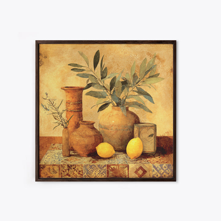 Olive Branch and Lemons on Terracotta Ground Canvas Print, Mediterranean Art, Downloadable Art, Living Room Decor, Azure, MAR-1x1-74