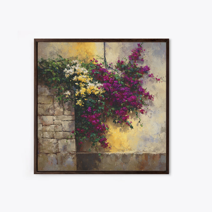 Bougainvillea Cascading over Stone Wall Canvas Print, Mediterranean Art, Modern Decor, Living Room Decor, Fine Art, Azure, MAR-1x1-77