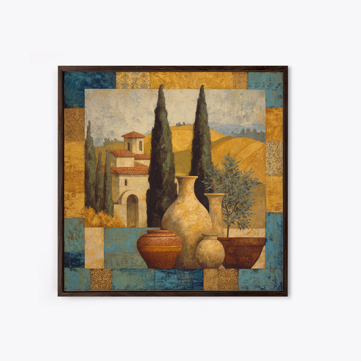 Tuscan Cypress Trees and Golden Hillside Framed Canvas Print, Mediterranean Art, Beach Prints, Living Room Decor, Azure, MAR-1x1-78