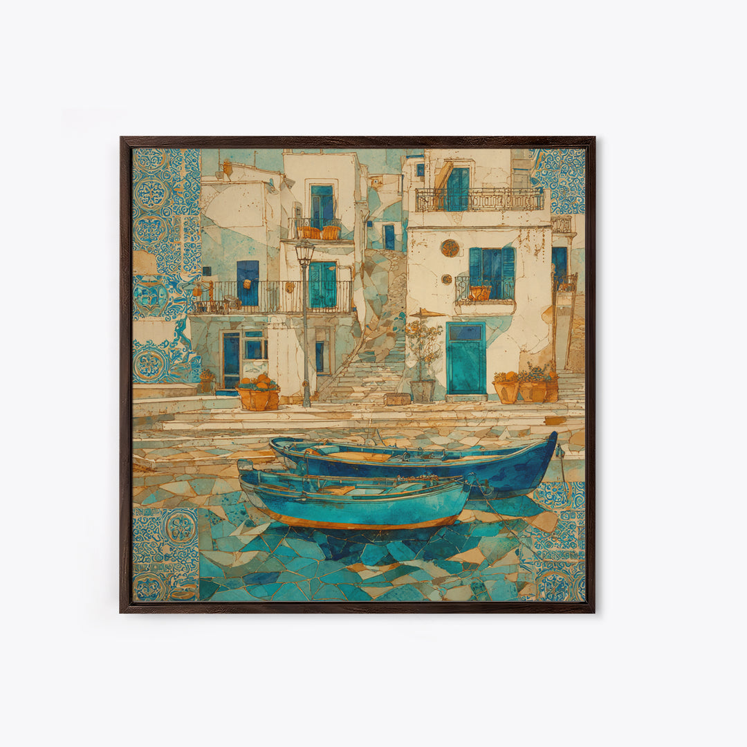Coastal Fishing Boats Framed Canvas Print, Mediterranean Art, Wall Decor, Living Room Decor, Oil Painting, Azure, MAR-1x1-79