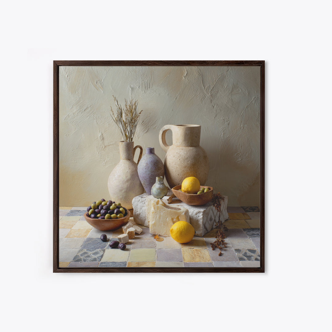 Figs Olives and Cheese Still Life Framed Canvas Print, Mediterranean Art, Printable Art, Living Room Decor, Fine Art, Azure, MAR-1x1-8