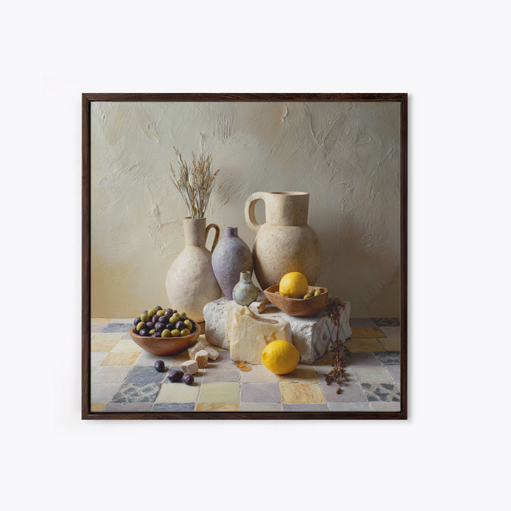 Figs Olives and Cheese Still Life Framed Canvas Print, Mediterranean Art, Printable Art, Living Room Decor, Fine Art, Azure, MAR-1x1-8