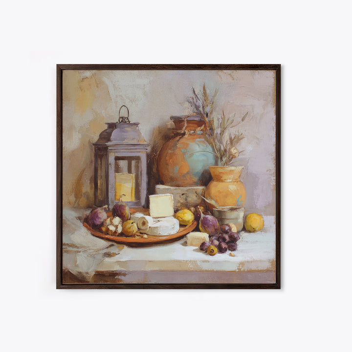 Figs Olives and Cheese Still Life Framed Canvas Print, Mediterranean Art, Wall Decor, Living Room Decor, Fine Art, Azure, MAR-1x1-80