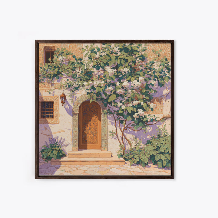 Sunlit Courtyard Doorway Framed Canvas Print, Mediterranean Art, Neutral Decor, Living Room Decor, Oil Painting, Azure, MAR-1x1-83