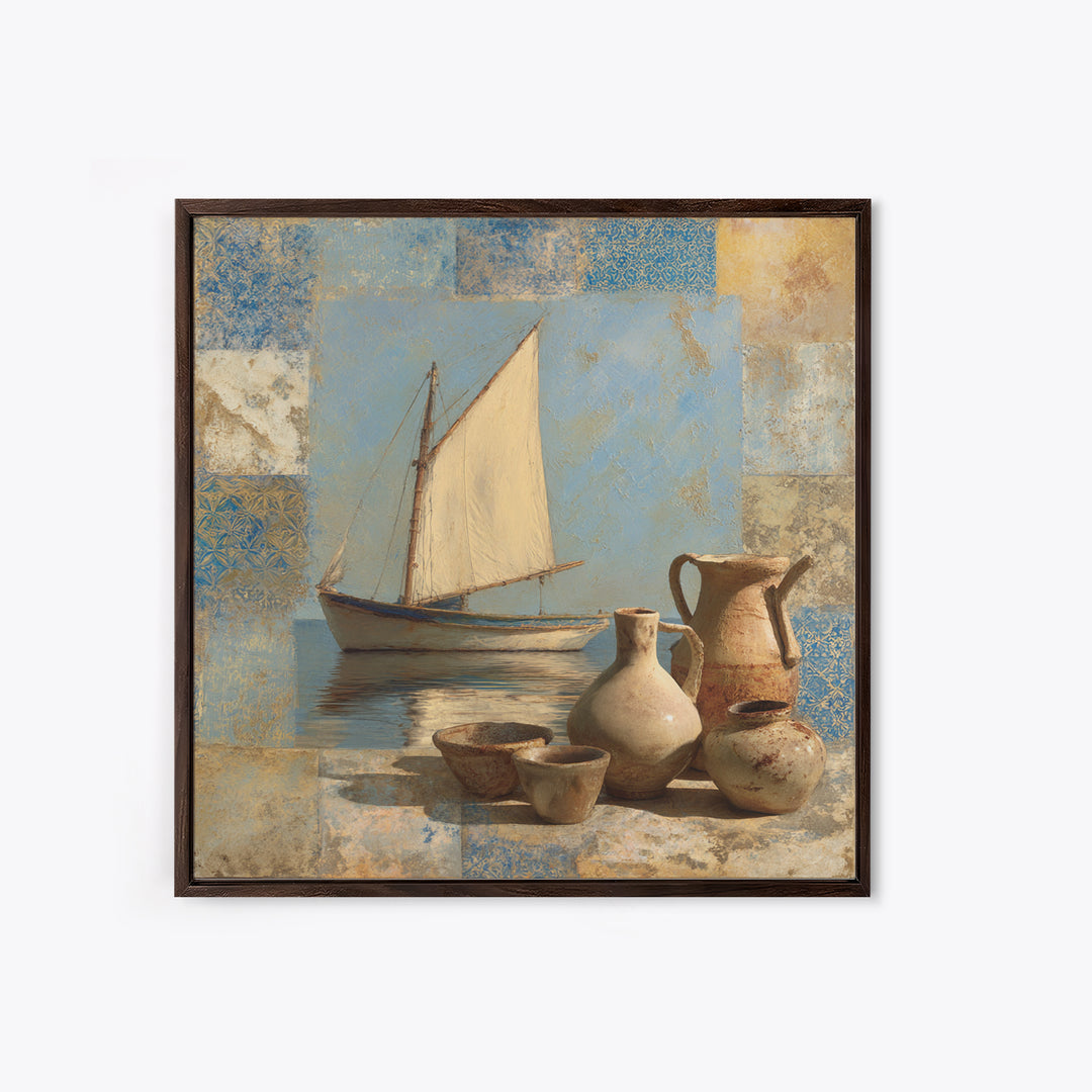 Mediterranean Sailboat on Glassy Water Canvas Print, Mediterranean Art, Gallery Wall Art, Living Room Decor, Fine Art, Azure, MAR-1x1-90