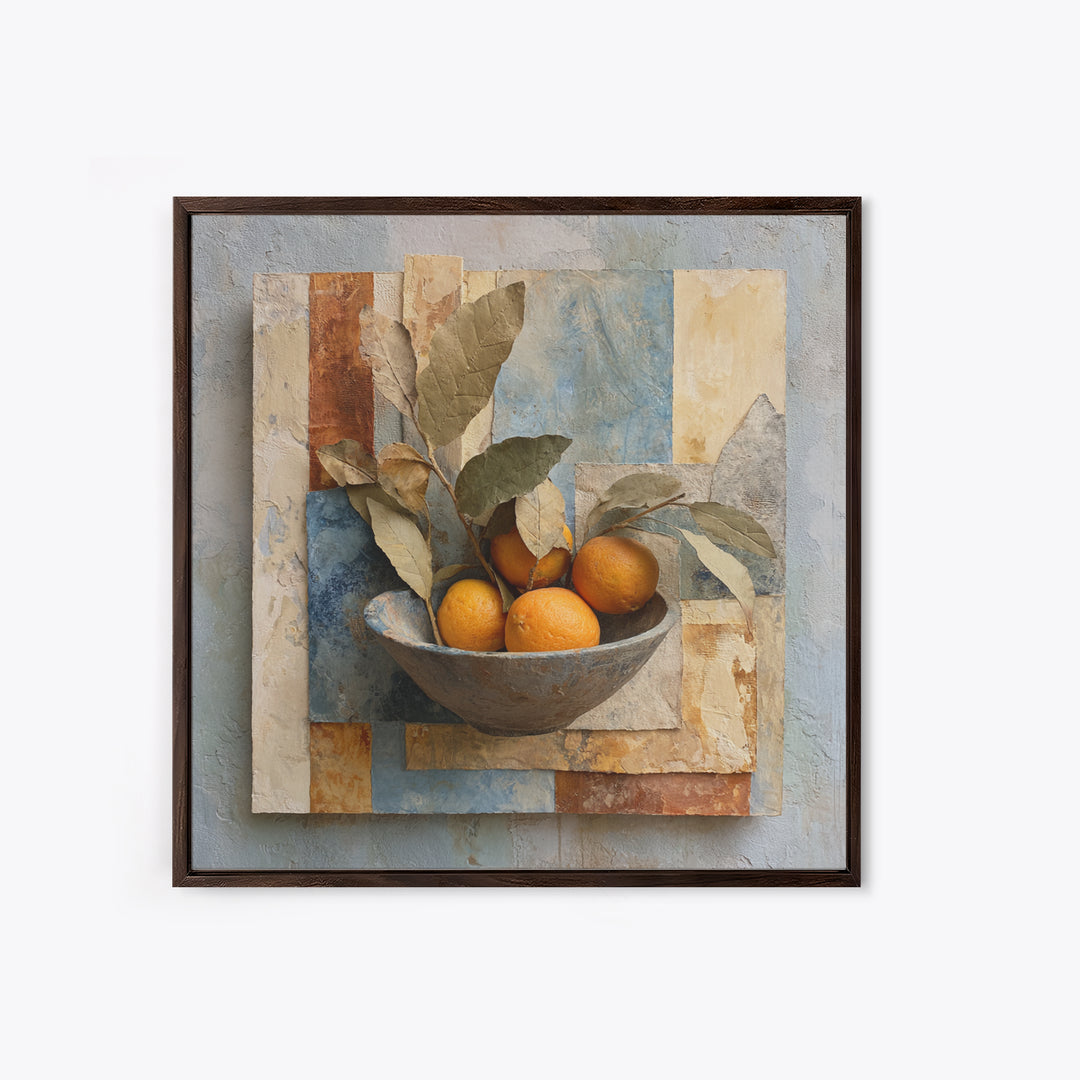 Ceramic Bowl of Oranges and Leaves Framed Canvas Print, Mediterranean Art, Wall Decor, Living Room Decor, Oil Painting, Azure, MAR-1x1-93