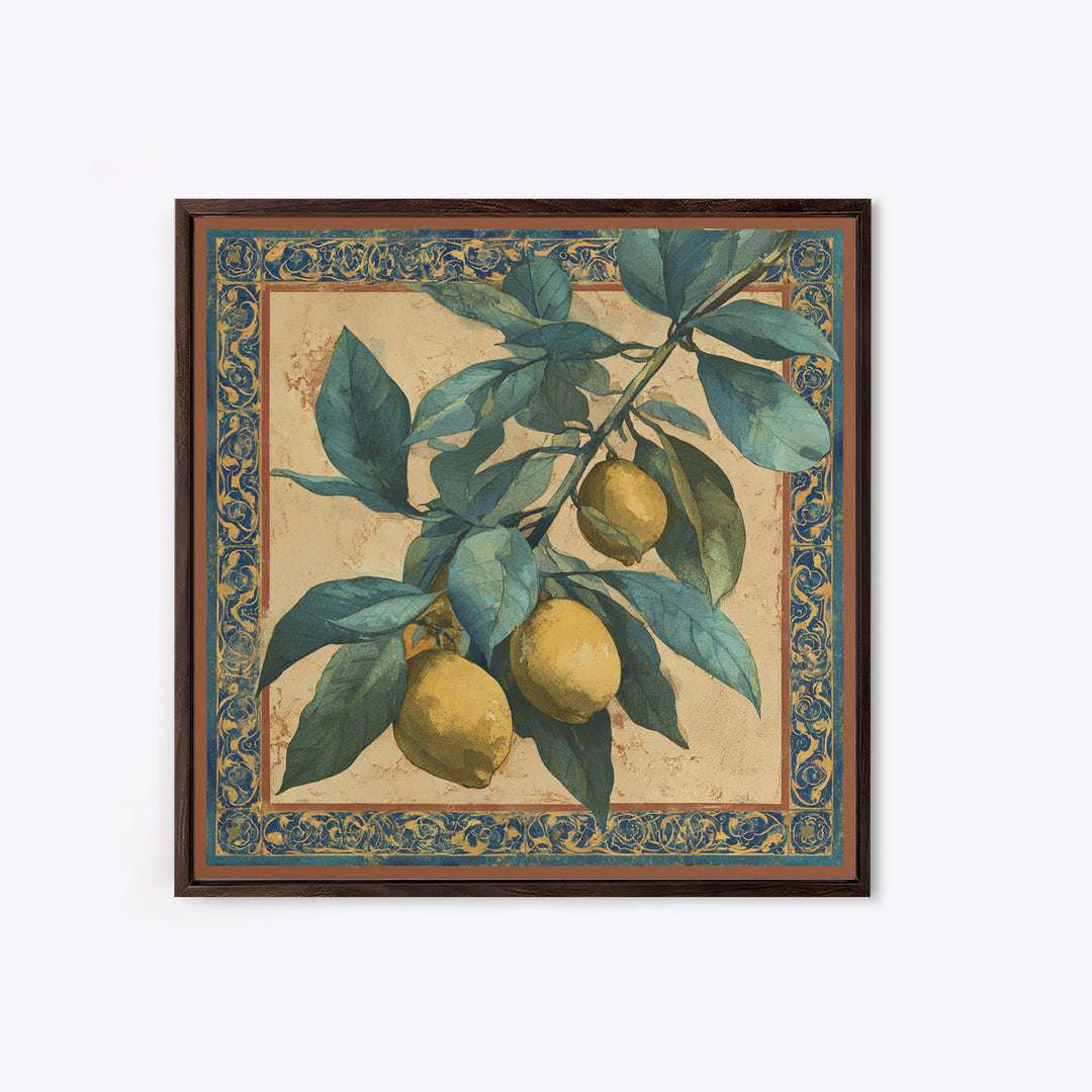 Olive Branch and Lemons on Terracotta Ground Canvas Print, Mediterranean Art, Wall Decor, Living Room Decor, Fine Art, Azure, MAR-1x1-98