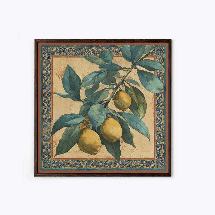 Olive Branch and Lemons on Terracotta Ground Canvas Print, Mediterranean Art, Wall Decor, Living Room Decor, Fine Art, Azure, MAR-1x1-98
