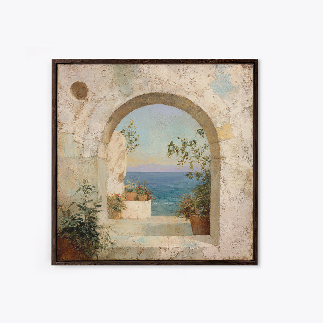Mediterranean Arch Framing Ocean Horizon Canvas Print, Mediterranean Art, Living Room Decor, Oil Painting, Azure, MAR-1x1-99