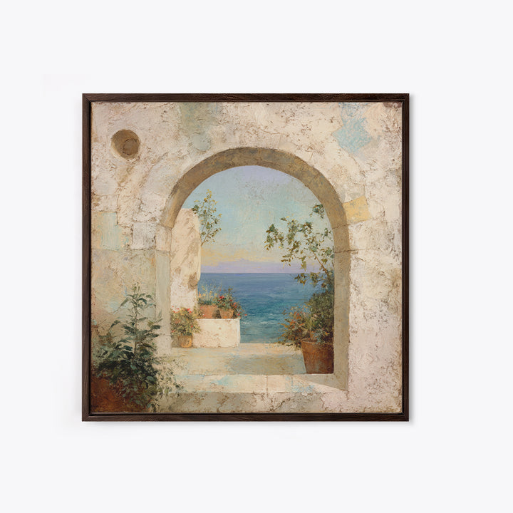 Mediterranean Arch Framing Ocean Horizon Canvas Print, Mediterranean Art, Living Room Decor, Oil Painting, Azure, MAR-1x1-99
