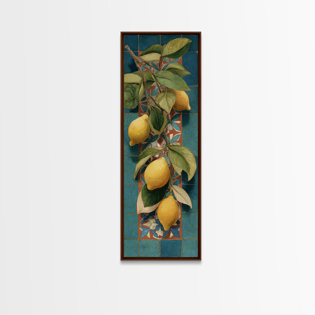 Olive Branch and Lemons on Terracotta Ground Canvas Print, Mediterranean Art, Beach Wall Art, Living Room Decor, Azure, MAR-1x3-14