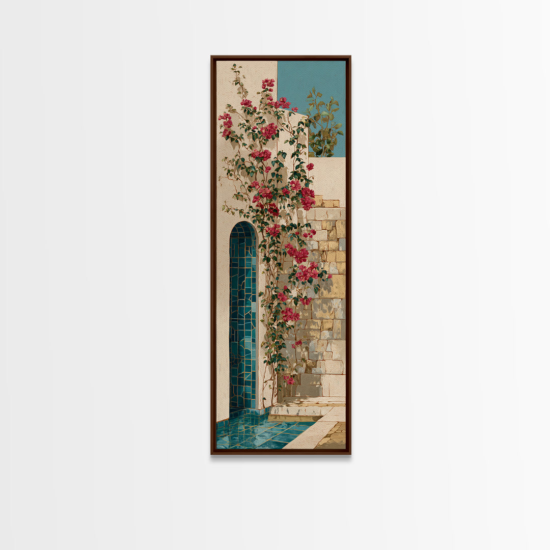 Bougainvillea Cascading over Stone Wall Canvas Print, Mediterranean Art, Modern Decor, Living Room Decor, Fine Art, Azure, MAR-1x3-17