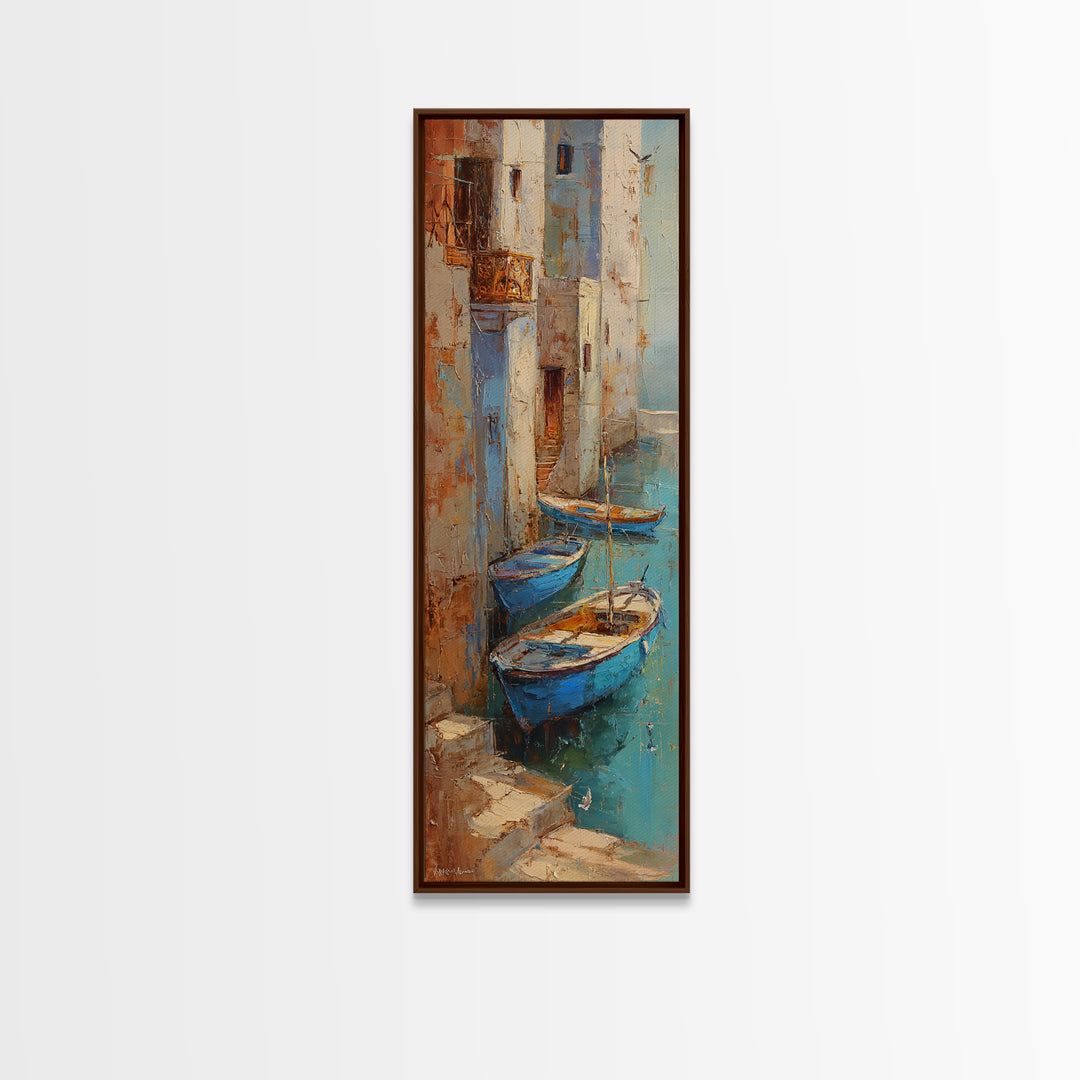 Coastal Fishing Boats Framed Canvas Print, Mediterranean Art, Boho Decor, Living Room Decor, Fine Art, Azure, Digital Wall Art, MAR-1x3-19