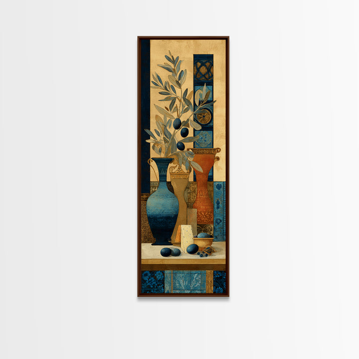 Figs Olives and Cheese Still Life Framed Canvas Print, Mediterranean Art, Travel Poster, Living Room Decor, Fine Art, Azure, MAR-1x3-20
