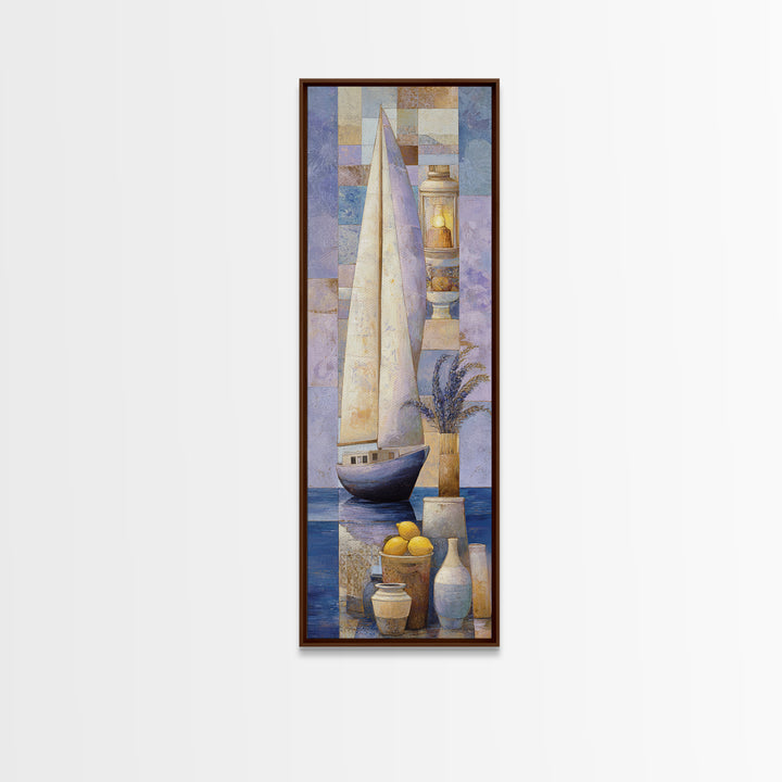 Mediterranean Sailboat on Glassy Water Framed Canvas Print, Mediterranean Art, Coastal Decor, Living Room Decor, Oil Painting, MAR-1x3-30