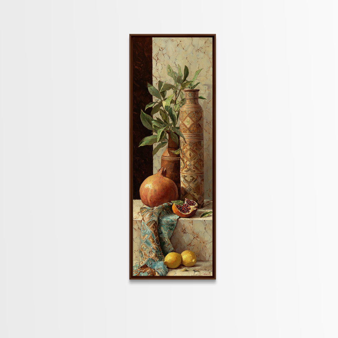 Pomegranate Still Life Framed Canvas Print, Mediterranean Art, Art Print, Living Room Decor, Watercolor Art, Azure, MAR-1x3-31