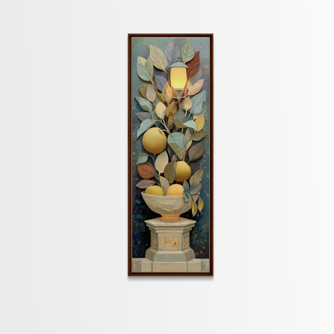 Ceramic Bowl of Oranges and Leaves Canvas Print, Mediterranean Art, Digital Wall Art, Living Room Decor, Fine Art, Azure, MAR-1x3-33