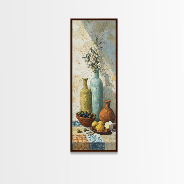 Figs Olives and Cheese Still Life Canvas Print, Mediterranean Art, Statement Artwork, Living Room Decor, Fine Art, Azure, MAR-1x3-44