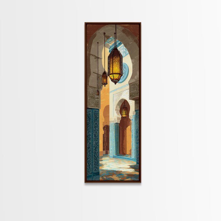 Moroccan Influenced Lantern Framed Canvas Print, Mediterranean Art, Travel Poster, Living Room Decor, Oil Painting, Azure, MAR-1x3-45
