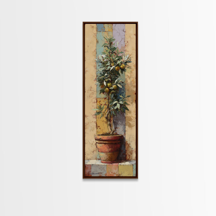 Citrus Tree in Clay Pot Framed Canvas Print, Mediterranean Art, Coastal Art, Living Room Decor, Azure, Statement Artwork, MAR-1x3-46