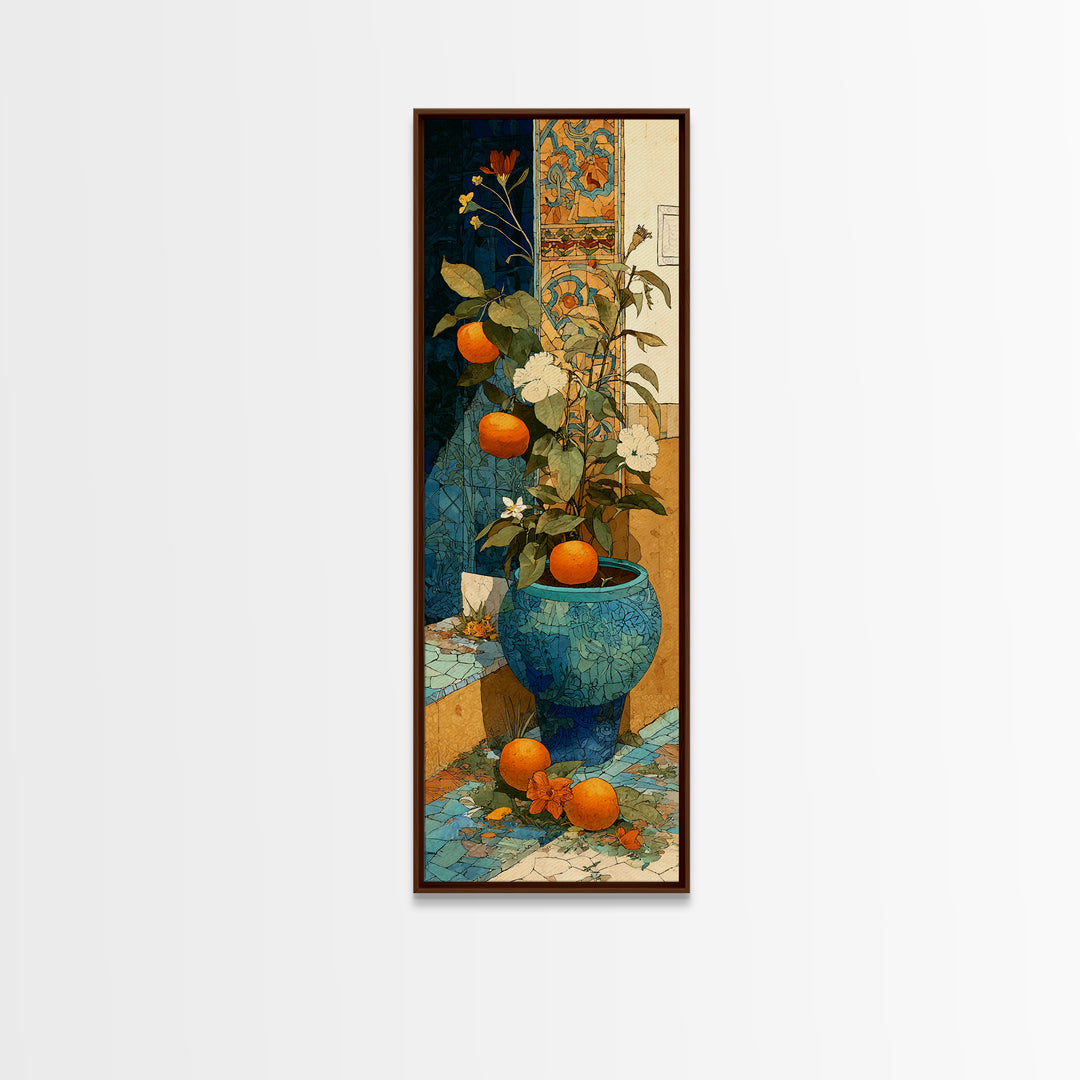 Ceramic Bowl of Oranges and Leaves Canvas Print, Mediterranean Art, Beach Prints, Living Room Decor, Abstract Art, Azure, MAR-1x3-57