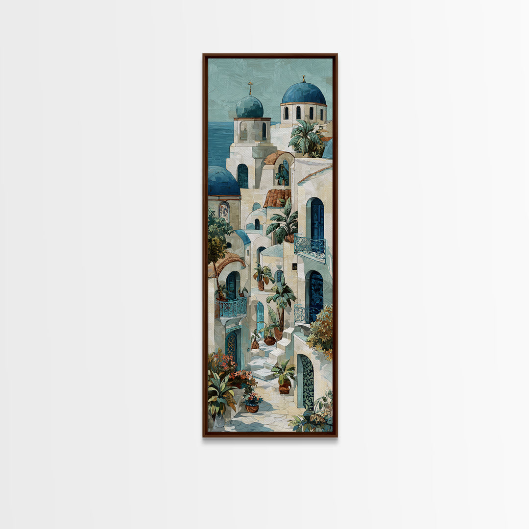 Greek Island White Buildings Above Blue Sea Framed Canvas Print, Mediterranean Art, Modern Decor, Living Room Decor, Azure, MAR-1x3-61